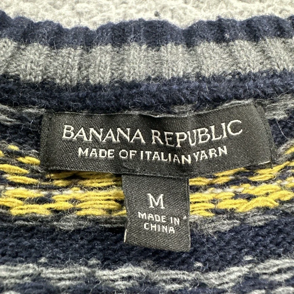 Banana Republic Sweater Men Medium Blue Fair Isle Striped Italian Yarn Wool